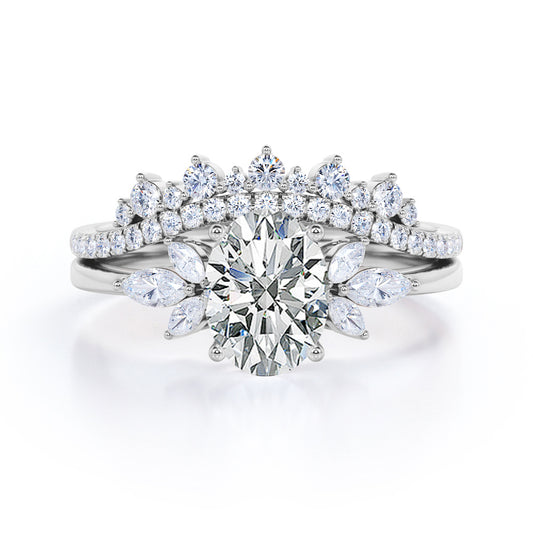 Vintage Sparkle 1.4 carat Oval cut Moissanite and diamonds chevron Bridal set for her in White gold