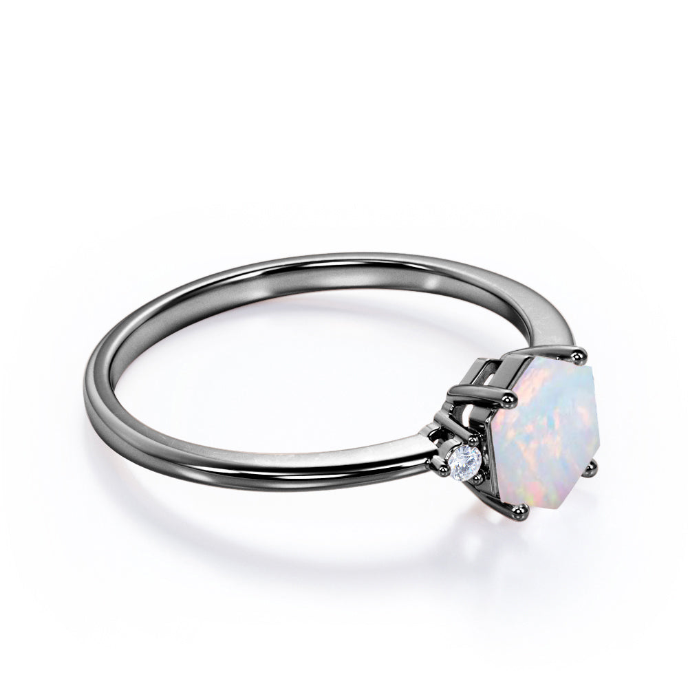Classic Trilogy 1 carat Hexagon cut Ethiopian Opal and diamond-4 prong setting-pinched shank engagement ring White gold