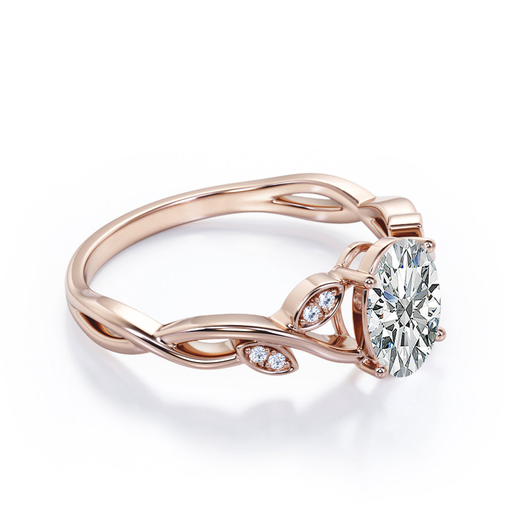 Twisted Vine 1.1 carat Oval cut Moissanite and diamond marquise bezel engagement ring in White gold