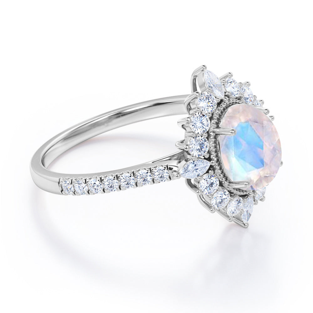Huge Clustered Halo 1.5 carat Oval cut Moonstone and diamond Beaded eternity engagement ring in Rose gold