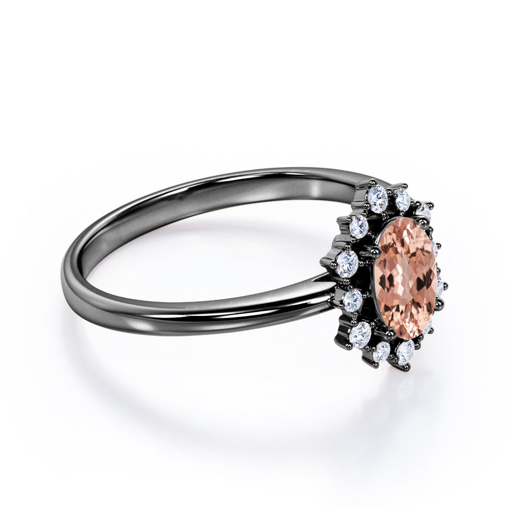 Snowflake Cluster 1.25 carat Oval Morganite and diamond prong style engagement ring in White gold