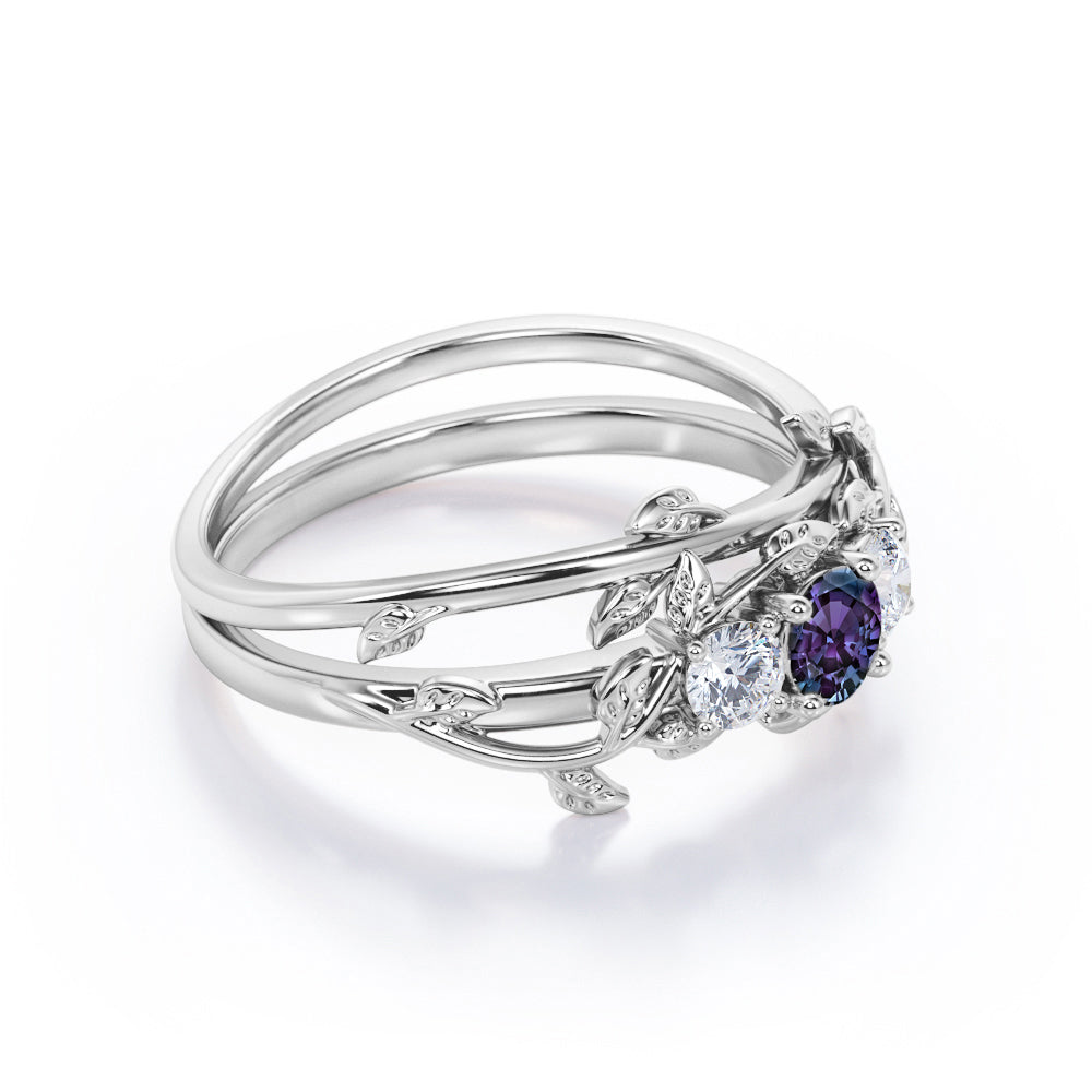 Nature inspired 0.65 carat round cut lab created Alexandrite and diamond trilogy wedding ring set for her in White gold