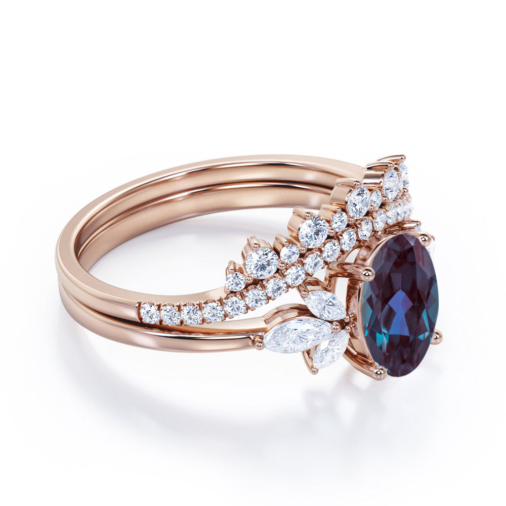 Exquisite Vintage inspired 1.5 carat Oval shaped Lab created Alexandrite and diamond chevron wedding ring set in Rose gold