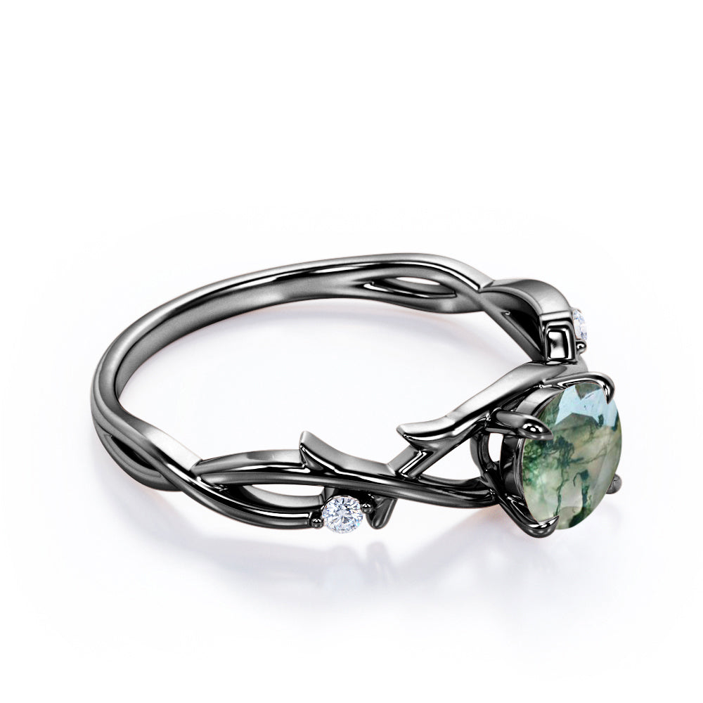 Nature inspired 1 carat Round cut Moss Green Agate and diamond claw prong setting engagement ring in Rose gold