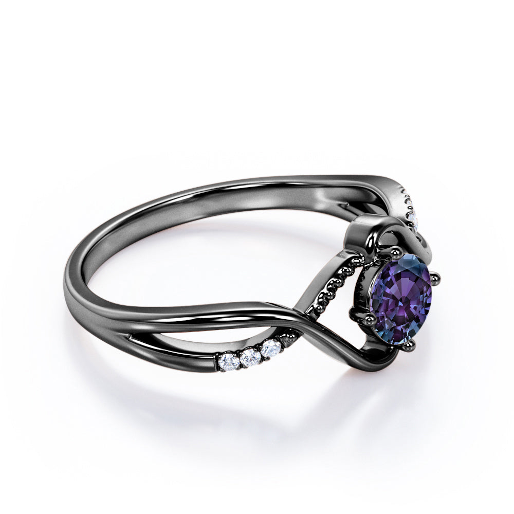 Twisted Branchlet 0.5 carat Round cut Synthetic Alexandrite and diamond infinity shank engagement ring in Black gold