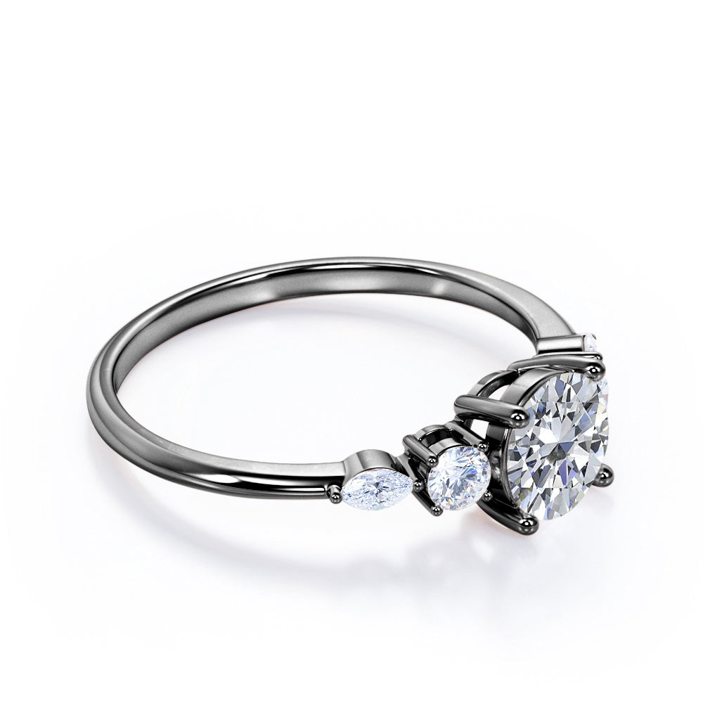Basket setting 1.15 carat Round shaped Moissanite and diamond 5 stone engagement ring in White gold