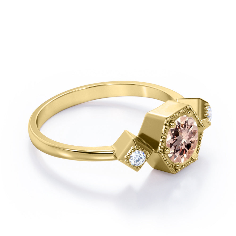 Classic Trinity 1.1 carat Round cut Peach pink Morganite and diamond petite milgrain engagement ring in White gold