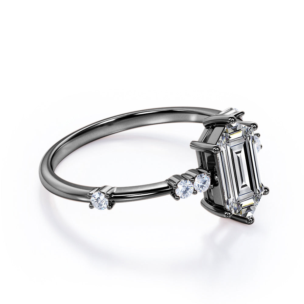 Quadrialteral 6 prong 1 carat Hexagon cut Moissanite and diamonds classic engagement ring in White gold