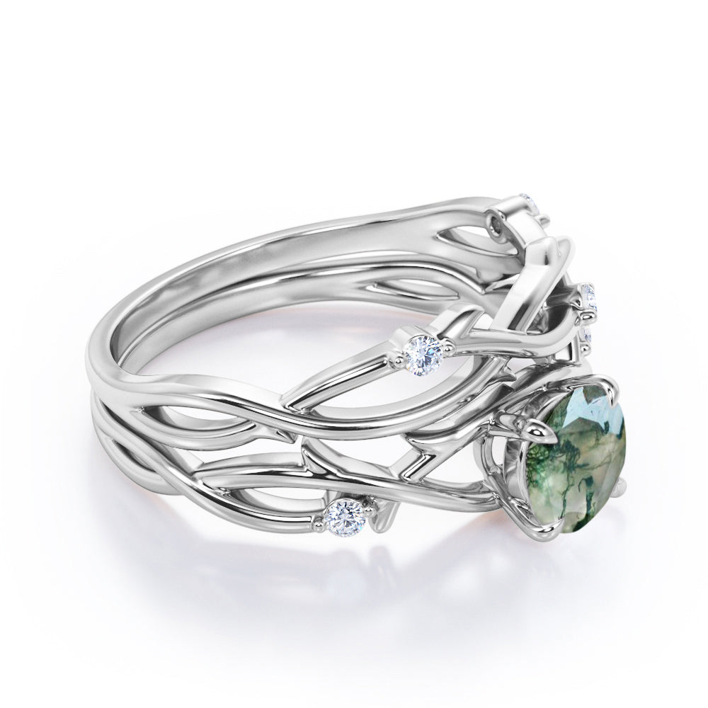 Dainty twig Branch 1.1 carat Round cut Moss Green Agate and diamond floral style wedding ring set in Black gold