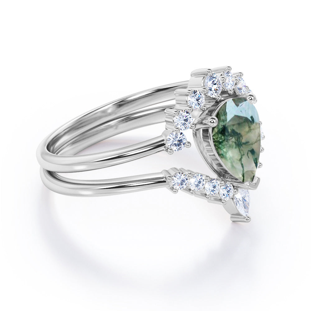 Vintage Crown inspired 1.25 carat Pear cut Moss Green Agate and diamond art deco Bridal set for women in Rose gold