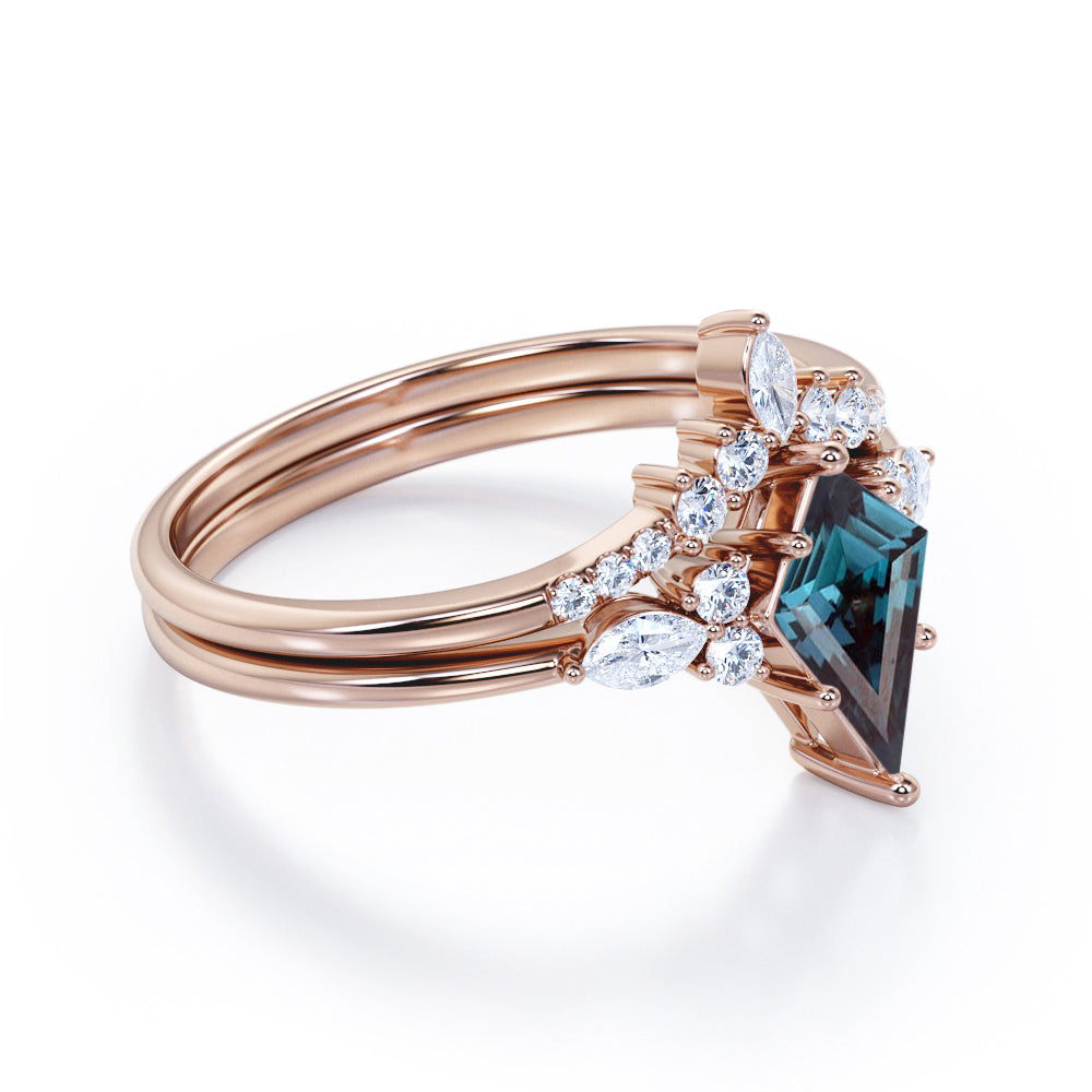 Artdeco 1.25 carat Kite shaped Synthetic Alexandrite and diamond crown tiara inspired wedding ring set in Rose gold