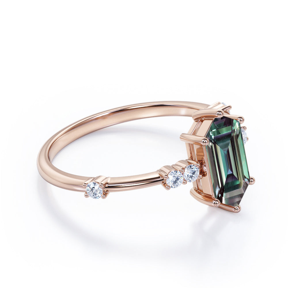 Asymmetric Prong 1.1 carat Hexagon shaped Alexandrite and diamond engagement ring for women in White gold