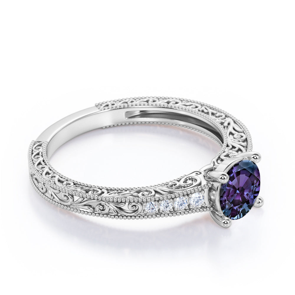 Floral filigree 1.1 carat Round cut Lab created Alexandrite and diamond channel set engagement ring in Rose gold