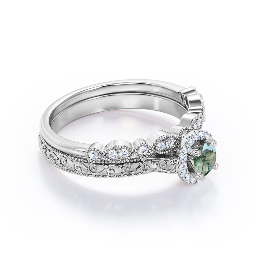 Authentic Filigree and Milgrain 0.9 carat Round cut Moss Green Agate and diamond wedding ring set in Rose gold