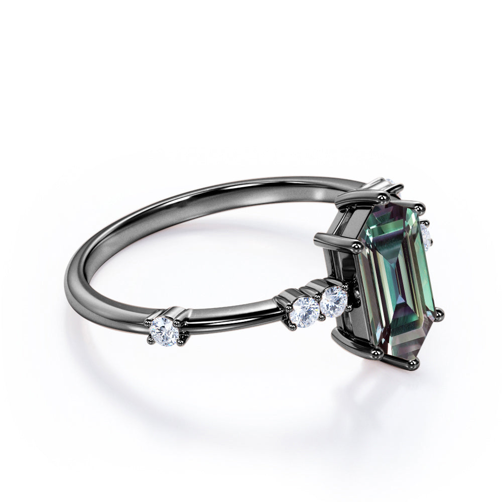 Asymmetric Prong 1.1 carat Hexagon shaped Alexandrite and diamond engagement ring for women in White gold