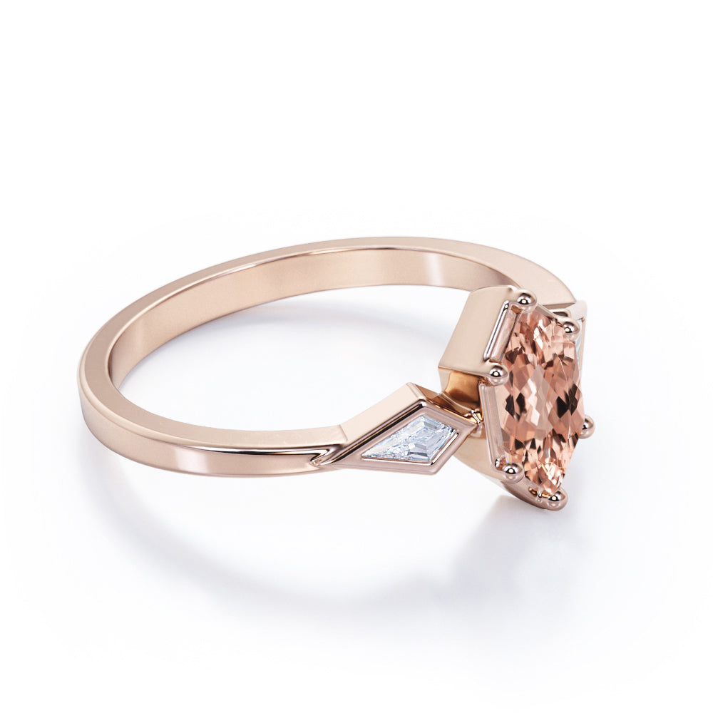 Intricate three stone 1.1 carat Hexagon shaped Morganite and kite diamond engagement ring in White gold