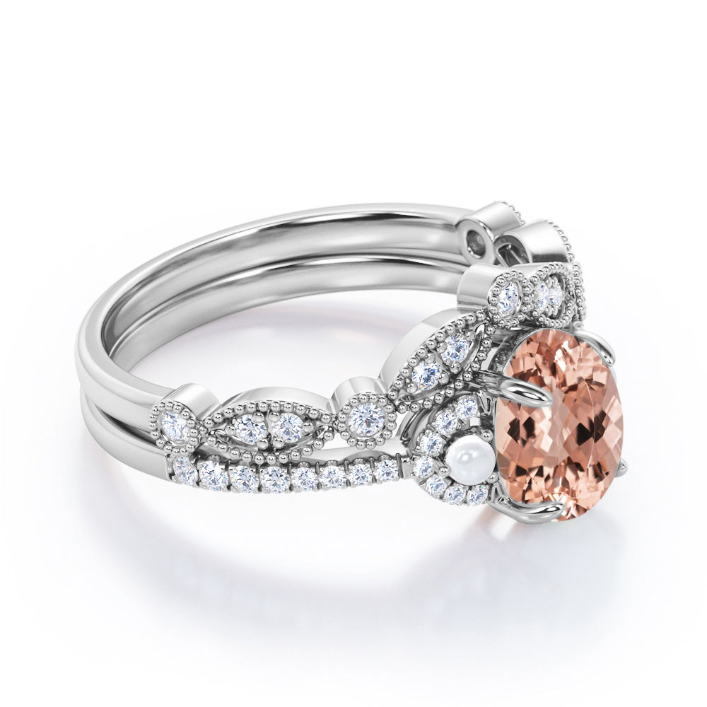 Milgrain Décor 1.75 carat Oval Shaped Morganite and diamond antique art deco wedding ring set in Rose gold