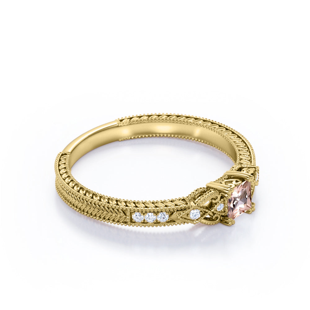 Exquisite leaf filigree and Milgrain 0.75 carat Princess cut intricate engagement rings in rose gold
