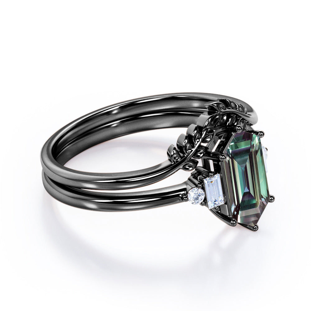 Vine leaf 1.1 carat Hexagon shaped Lab made Alexandrite and diamond chevron wedding ring set in Black gold