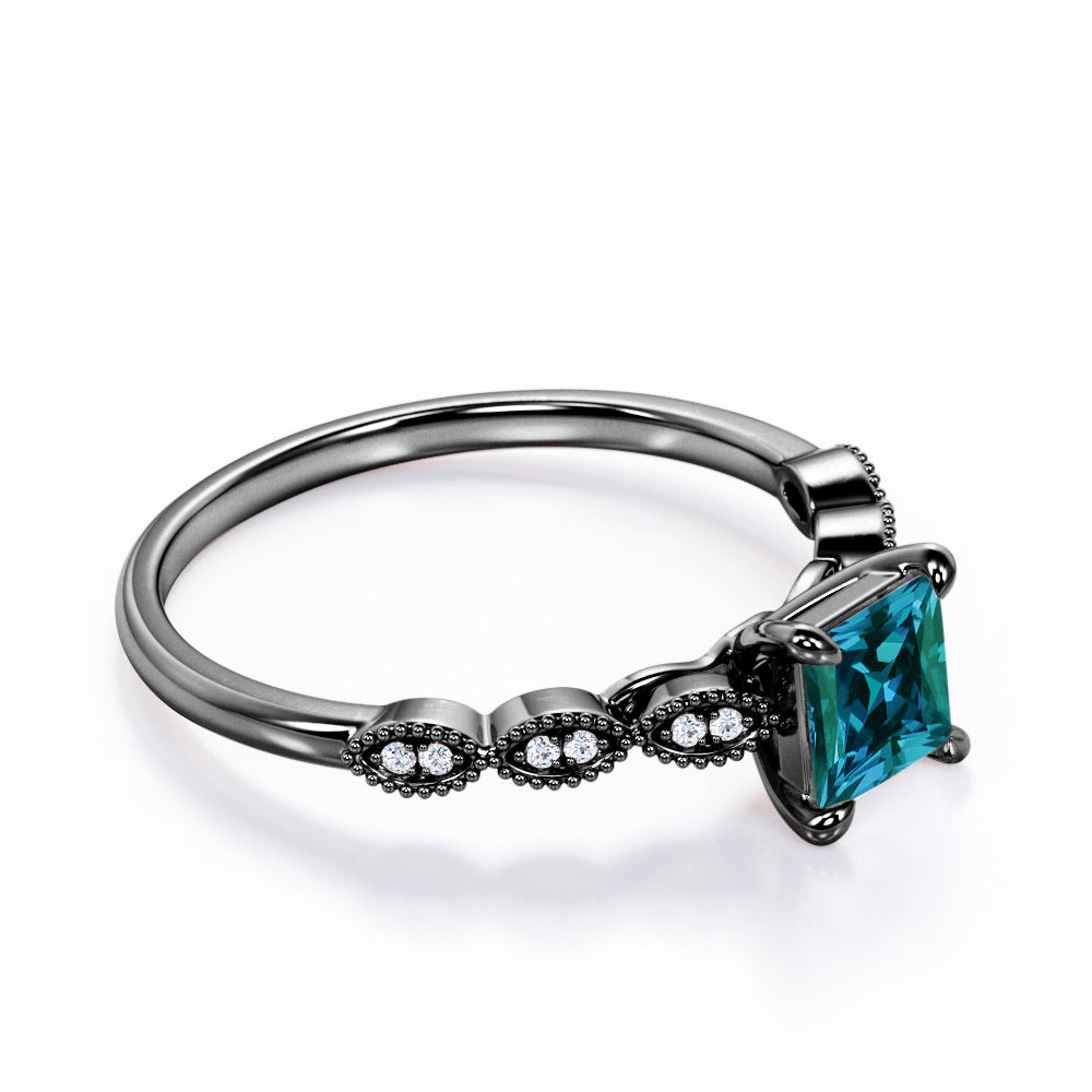Minimal 1.1 carat Princess cut Lab made Alexandrite and diamond engagement ring for women in White gold