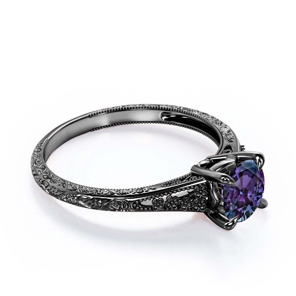 Floral Shank 1 carat Round cut Lab created Alexandrite solitaire engagement ring in Rose gold