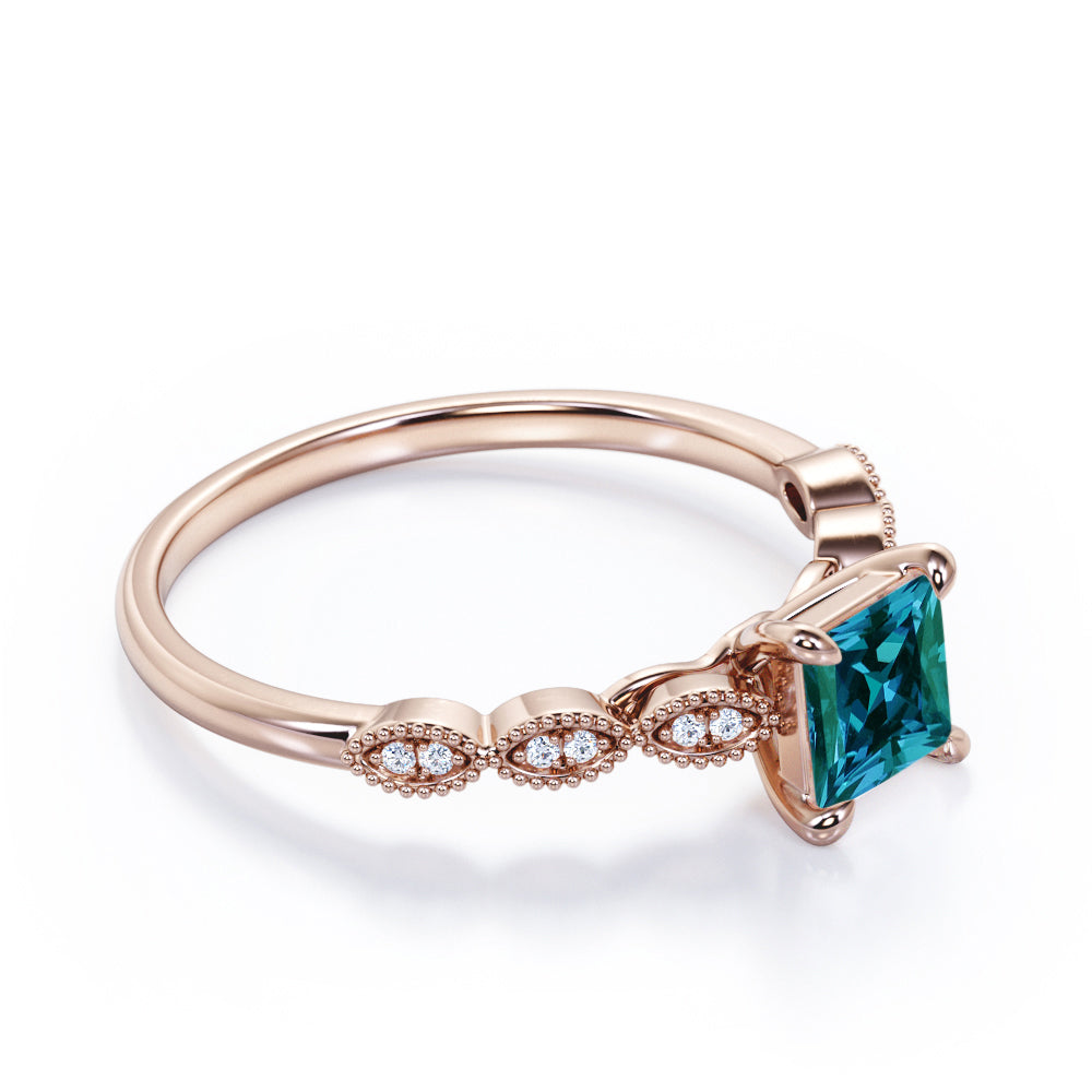 Minimal 1.1 carat Princess cut Lab made Alexandrite and diamond engagement ring for women in White gold