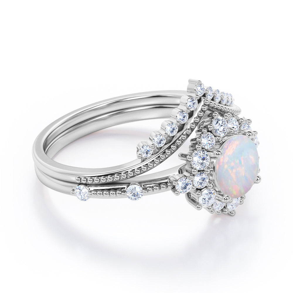 Engraved Chevron 1.35 carat Round cut Ethiopian Opal and diamond vintage halo wedding ring set for women in White gold