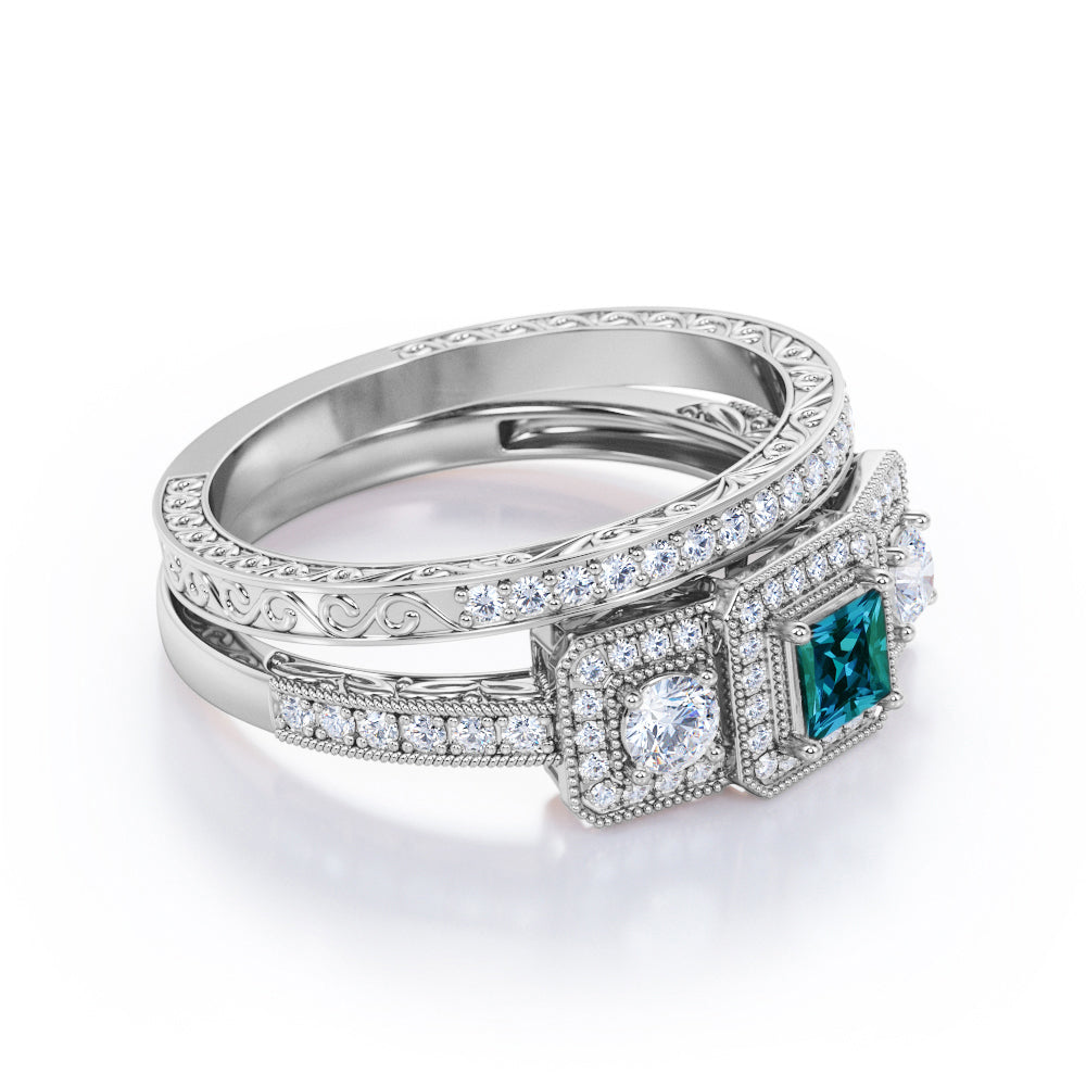 Eccentric 1.75 carat Princess cut Alexandrite and diamond triple halo engagement ring with filigree diamond wedding band- Bridal set in White gold