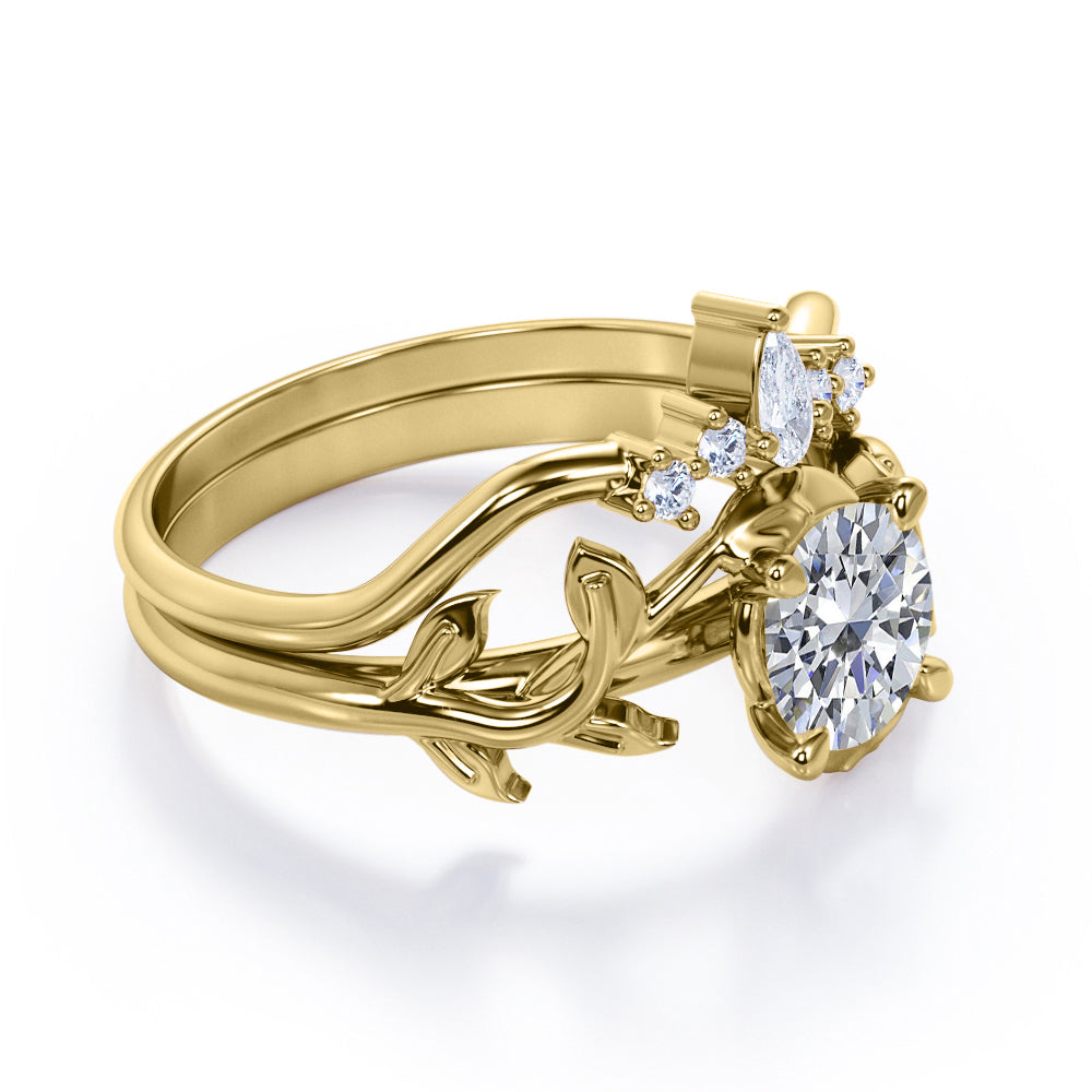 Chevron crown 1.15 carat Round cut Moissanite and diamond nature inspired wedding ring set in White gold