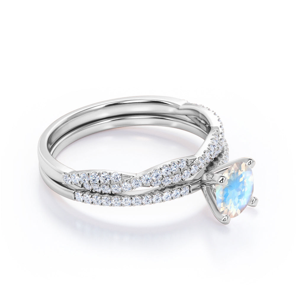 Classic 1.5 carat round cut Moonstone Wedding ring set with matching semi-infinity diamond wedding ring band in White gold