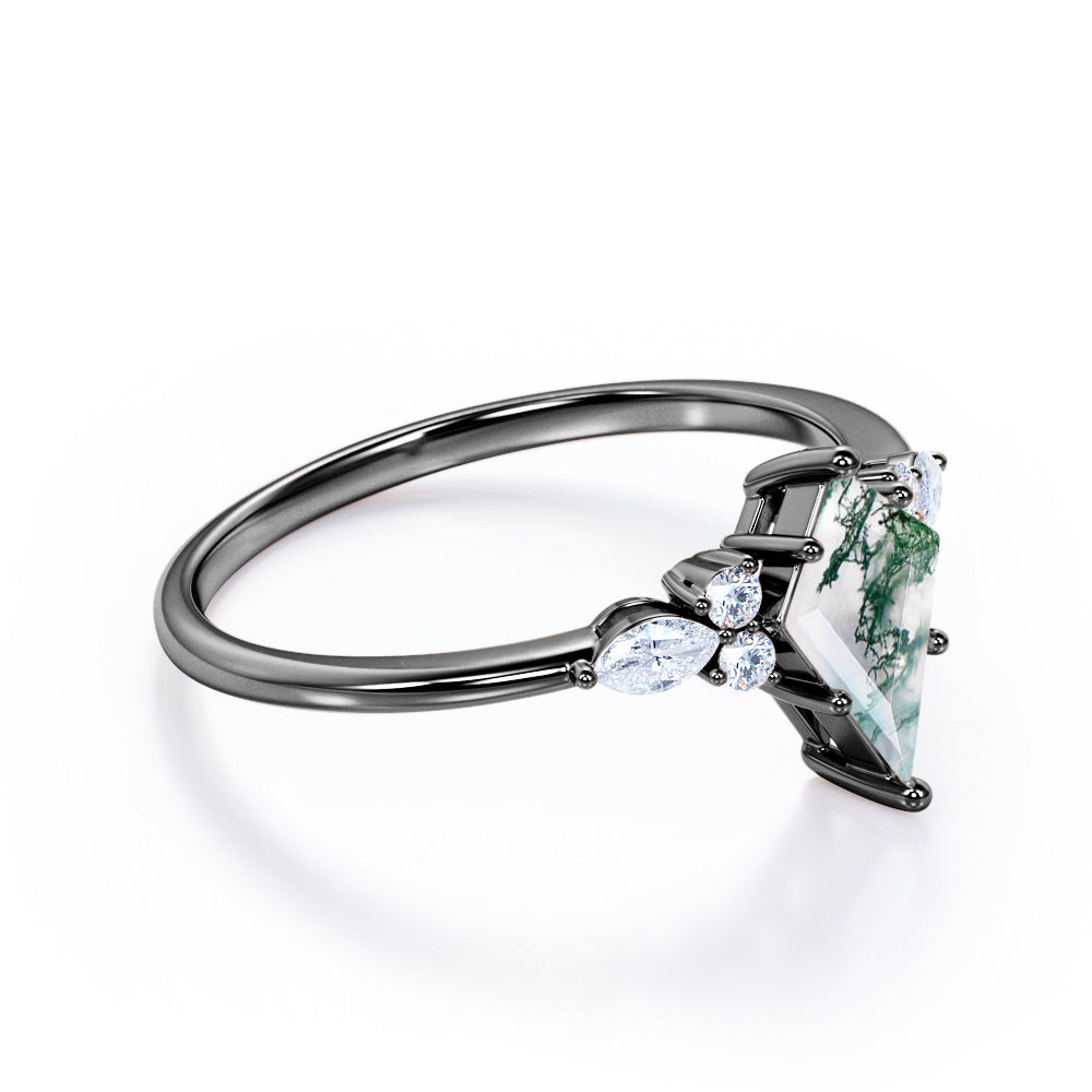 Vintage Seven stone 1.1 carat Kite shaped Moss green Agate and diamond prong style engagement ring in White gold