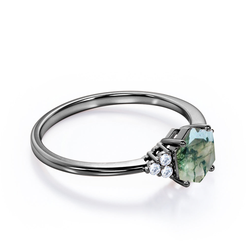 Seven lucky stones 1 carat Hexagon shaped Moss Green Agate and diamond pinched shank engagement ring in White gold