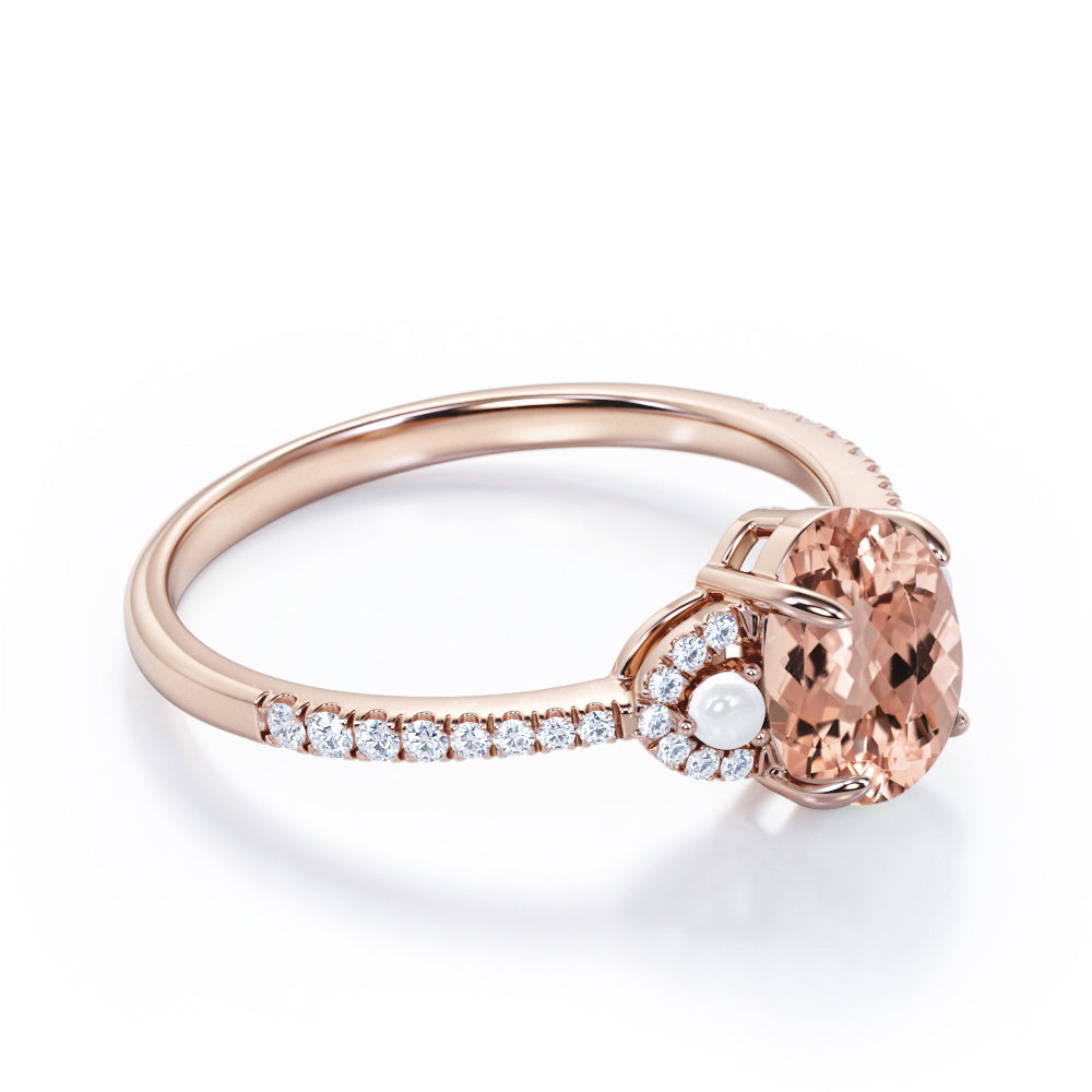Art Nouveau inspired 1.5 carat Oval cut Morganite, diamond and pearl engagement ring in White gold
