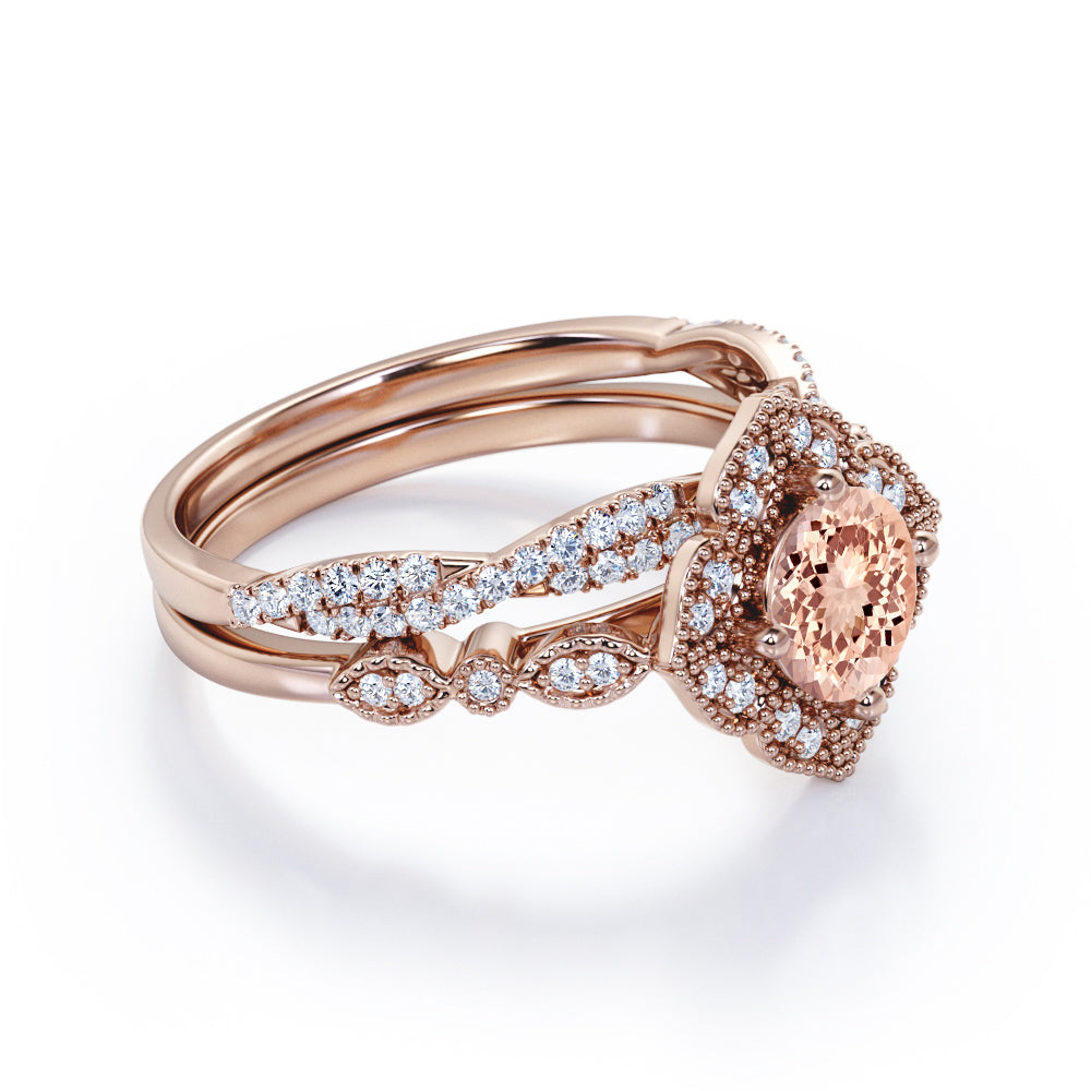 Half-infinity 1.50 carat Round cut Morganite and diamond blossom engagement ring and wedding band set for women