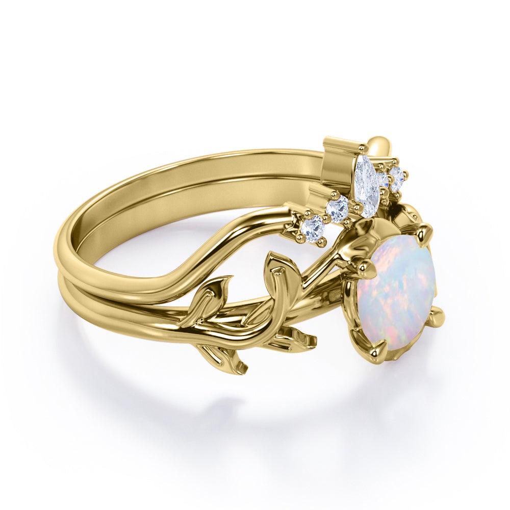 Artistic 1 carat Round cut Australian Opal and diamond crown style engagement ring set for women in Rose gold