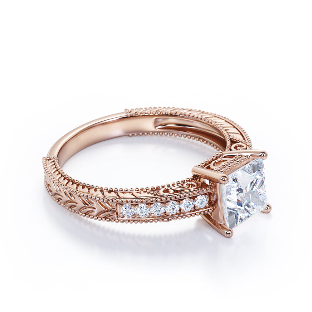 Vintage Milgrain 1.15 carat Princess cut Moissanite and diamond Engraved Filigree Engagement ring in White gold-Anniversary ring