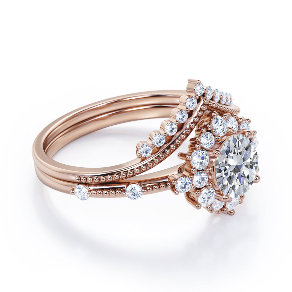 Milgrain Chevron 1.3 carat Round cut Moissanite and diamond art deco inspired wedding ring set for her in Black gold