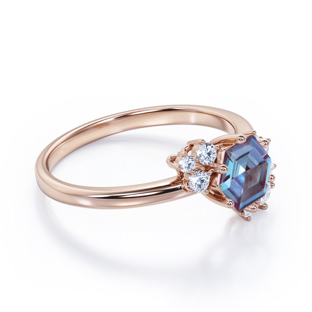 Butterfly style 1.15 carat Hexagon shaped Lab made Alexandrite and diamond marquise and dot engagement ring in Black gold