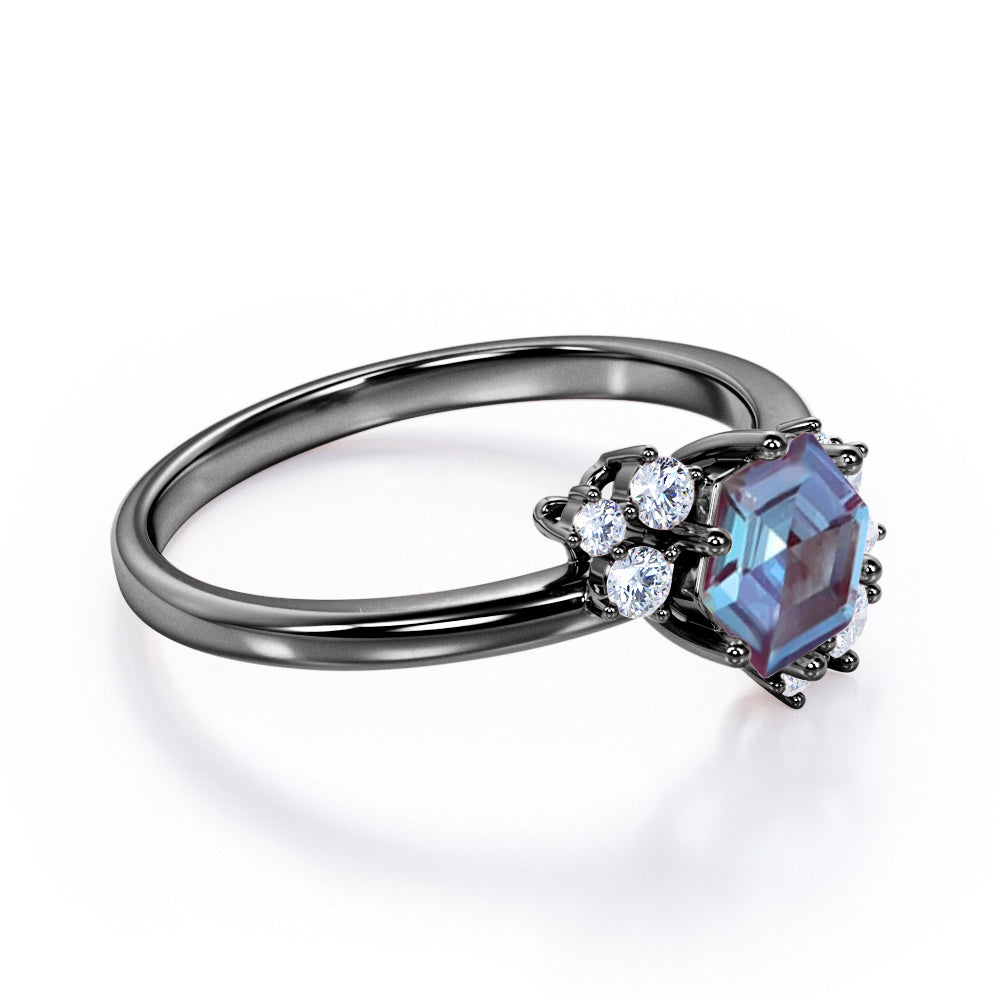 Butterfly style 1.15 carat Hexagon shaped Lab made Alexandrite and diamond marquise and dot engagement ring in Black gold