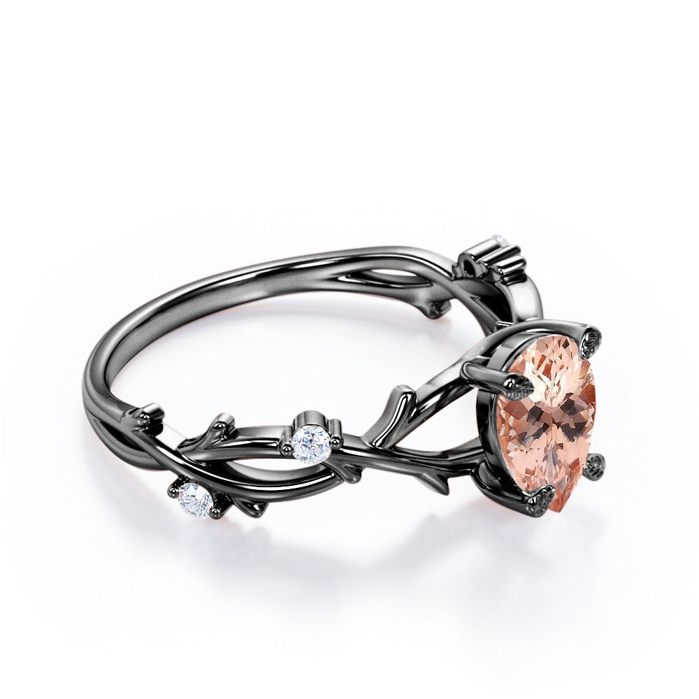 Delicate Twig and Vine 1.1 carat Pear Shaped Morganite and diamond forest ring-earthy engagement ring in White gold
