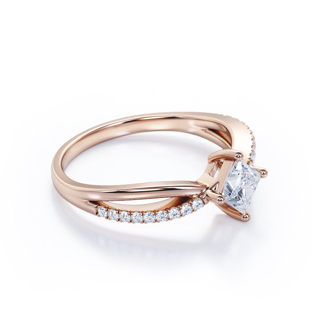 Modern 1.15 carat Princess cut Moissanite and diamond-compass four prong-split shank engagement ring for women