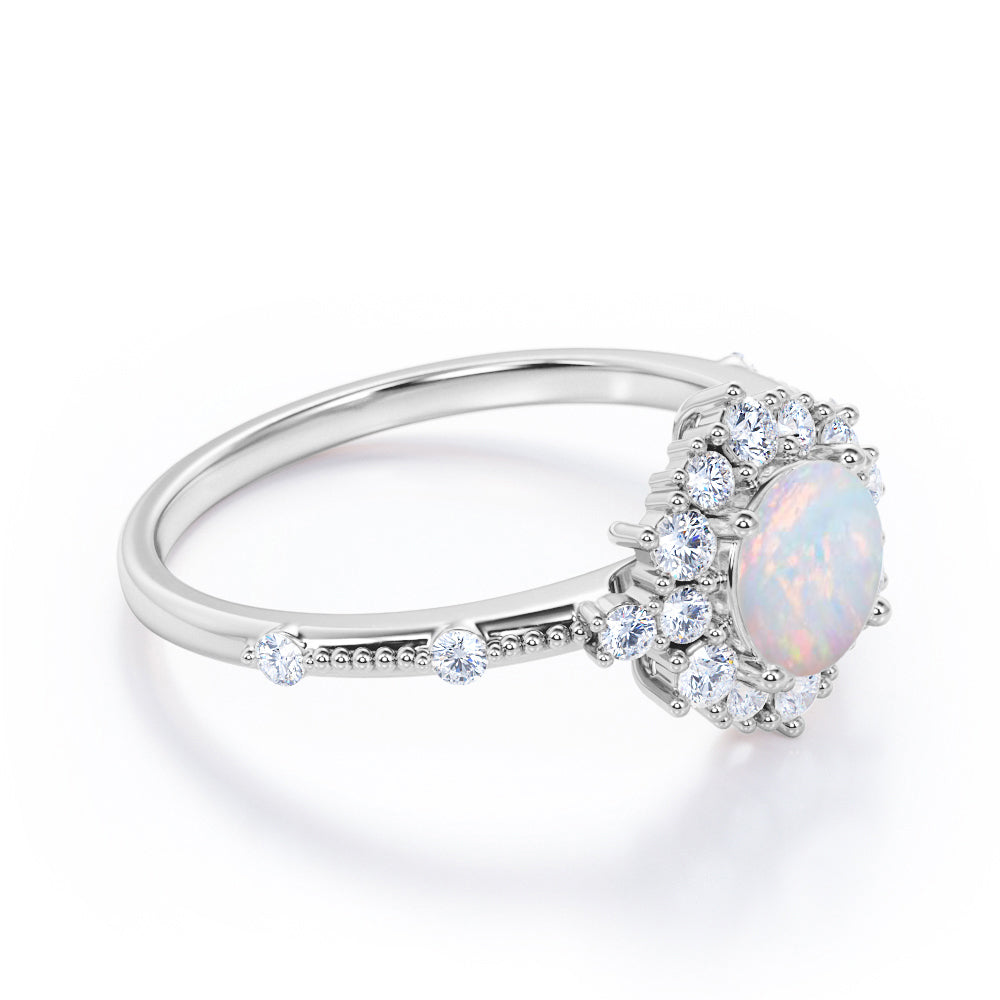 Floral art inspired 1.20 carat Round cut Ethiopian Opal and diamond-engraved-cluster halo engagement ring White gold