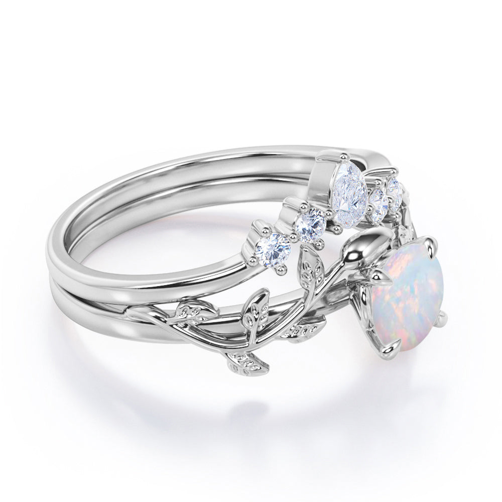 Exquisite contour 1.10 carat Round cut Opal and diamond nature inspired wedding ring set for women in Rose gold
