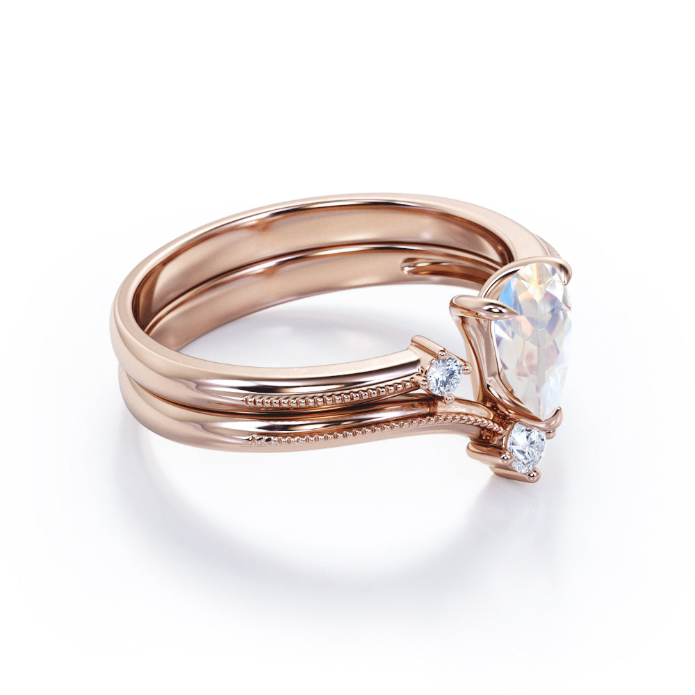Chevron 1.1 carat V-shape Pear cut Moonstone and Diamond Milgrain Wedding ring set in White gold