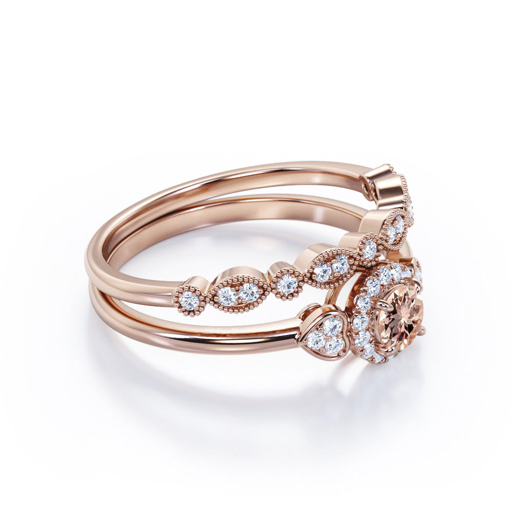Heart Halo 0.8 carat Round cut Morganite and diamond art deco inspired wedding ring set in Yellow gold