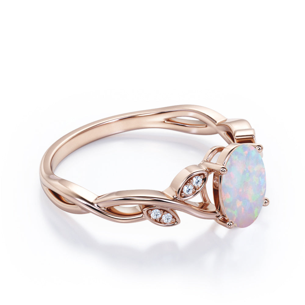 Twisted vine and leaf 1.10 carat Oval cut Opal and diamond infinity engagement ring in White gold