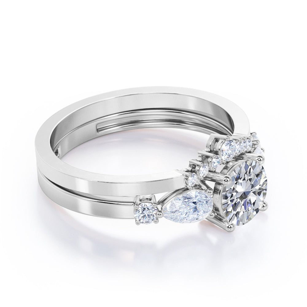 Vintage Tiara inspired 1.2 carat Round cut Moissanite and diamond wedding ring set in white gold