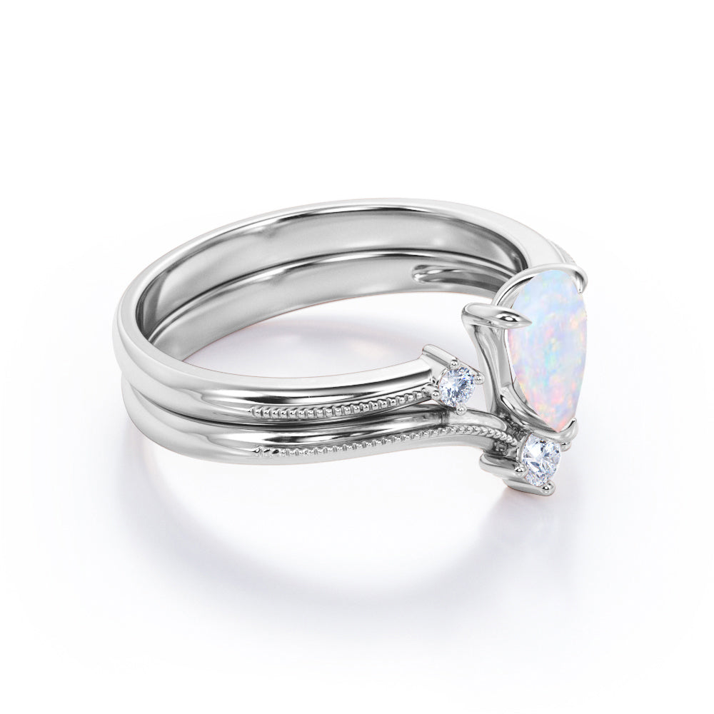 Chevron Crown Tiara 1.10 carat Pear cut Australian Fire Opal and Milgrain Border and diamond Wedding Bridal ring set