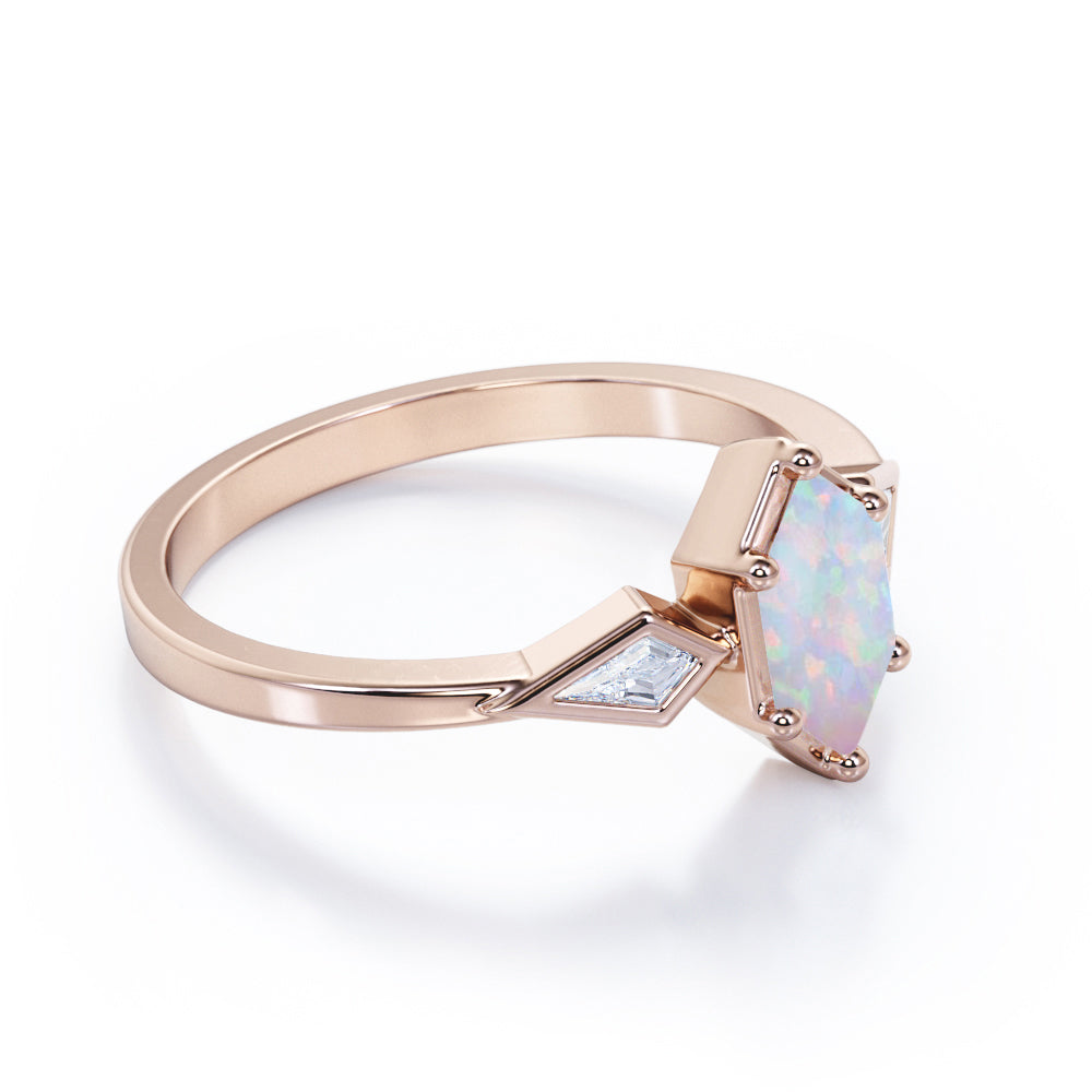 Asymmetric Bezel 1.1 carat Hexagon cut Australian Opal and diamond three stone engagement ring in Rose gold