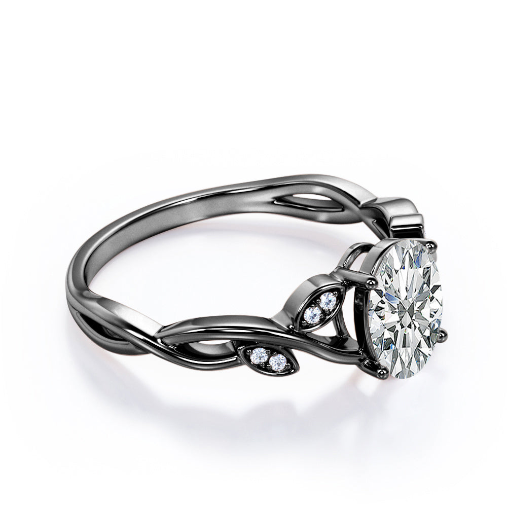 Twisted Vine 1.1 carat Oval cut Moissanite and diamond marquise bezel engagement ring in White gold